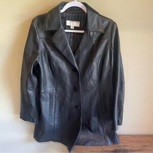 Anne Klein Womens Mid-Length Leather Coat Black Size L collared